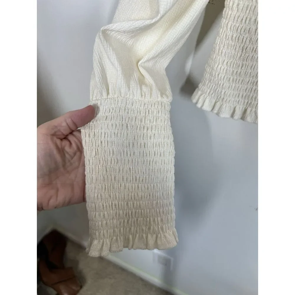 Anthropologie Smocked Puff Sleeve Ivory Cream Top Blouse Size S‎ Boho Bodycon